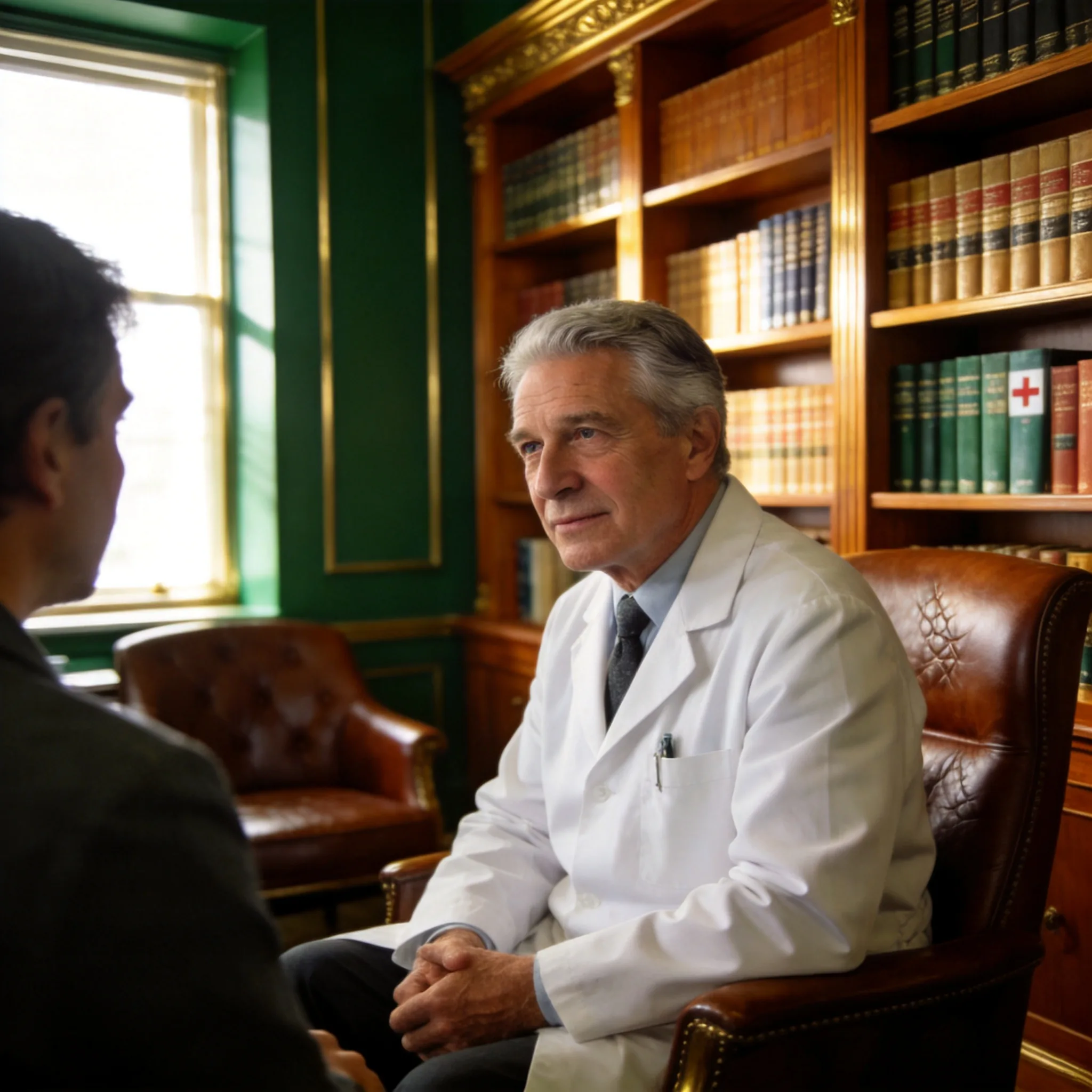A senior physician holding an in-depth one-to-one consultation in a private clinic room